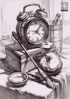 a pencil drawing of an alarm clock and apples