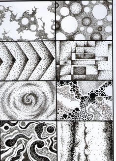 four different patterns in black and white on a piece of paper with circles, waves, and bubbles