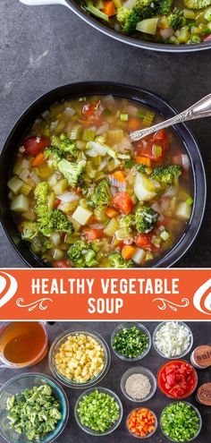 healthy vegetable soup with broccoli, carrots, and other vegetables in bowls