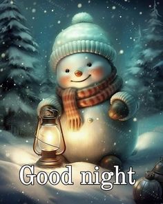 a snowman holding a lantern in the snow with words good night written on it