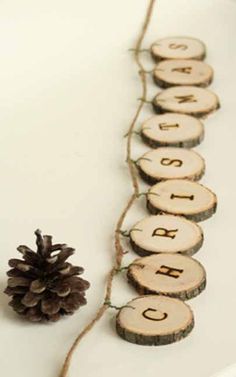 a pine cone sitting on top of a table next to wooden slices with the word wood spelled out