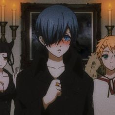 three anime characters standing next to each other in front of a mirror with candles on it