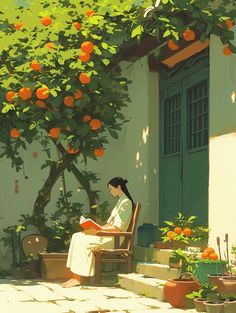 a painting of a woman sitting on a chair under an orange tree reading a book