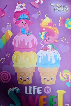 there are two ice cream cones on the purple background, and one has pink hair