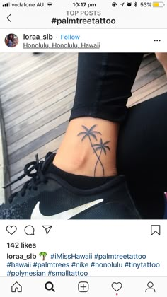 a woman's foot with a small palm tree tattoo on her left side ankle