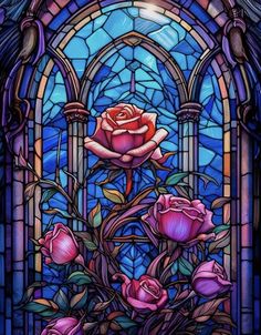 a stained glass window with roses in it