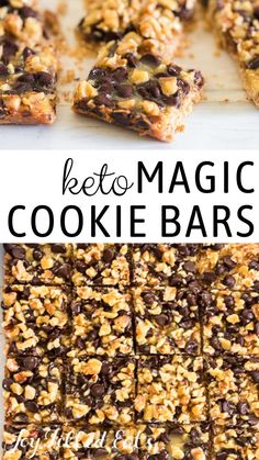 chocolate chip cookie bars with text overlay that reads, before and after magic cookie bars