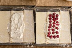 the process for making raspberry frosting is shown in three different stages, including baking