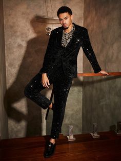 Black Party Collar   Plain,All Over Print  Embellished Non-Stretch  Men Clothing Las Vegas Aesthetic Outfit Men, Mens New Years Eve Outfit Classy, Glitter Suit Men, Casino Outfit Men, Glitz And Glam Party Outfit Men, Prom Outfit Men, Gatsby Party Outfit For Men, Men Party Outfit, Queer Fashion Guys