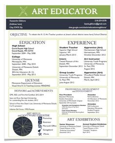 a professional resume for an art teacher