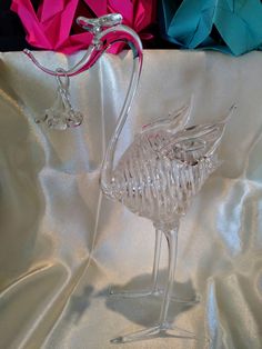 Stork and Baby Glass Hand Spun Figurine Vintage 70s - 80s Newborn Infant Sculpture Clear Baby Shower Vintage Sculpture, Glass Birds, The 70s, Hand Spinning, An Artist