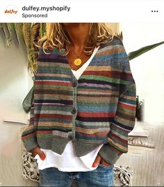 Estilo Chic, Style Cardigan, Loose Style, Short Sleeved Sweaters, Cardigan Jacket, Stripe Print, Casual Outfit, Cardigan Sweater, Long Sleeve Sweater