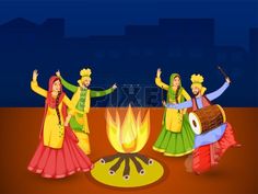 Cheerful Punjabi Couples Performing Bhangra Dance With Dhol Instrument, Bonfire Illustration On Blue And Brown Background. #Lohri #agriculture #celebration #festival #prosperity #traditional #religious Bonfire Illustration, Fashion Design Patterns, Brown Background, Blue And Brown