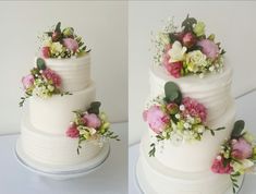 two pictures of a wedding cake with flowers on it