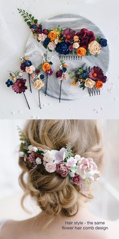 two different images of flowers and hair combs on top of each other, with the same