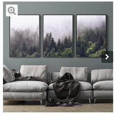 three black and white paintings hanging on the wall above a couch in a living room