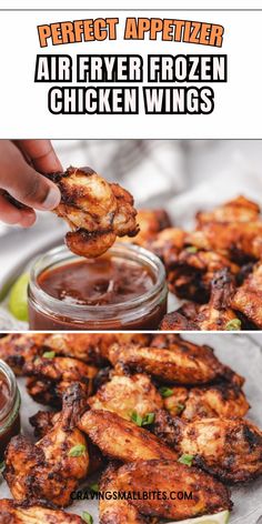 chicken wings are being dipped with bbq sauce