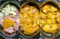 three pictures show the process of making chicken and potatoes in an instant pressure cooker