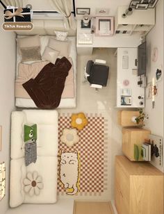 an overhead view of a small bedroom