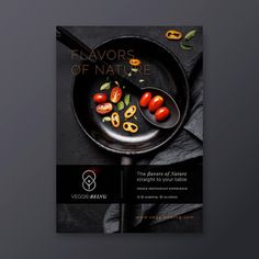 a poster for flavors of nature with tomatoes on a frying pan and black background