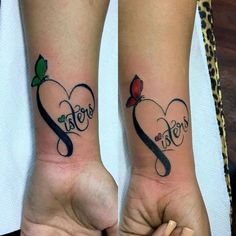 two people with matching tattoos on their arms