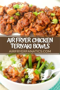 air fryer chicken teriyaki bowls with rice and green beans in the bowl