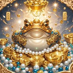 a gold frog surrounded by pearls and other jewels in front of a golden background with chinese characters