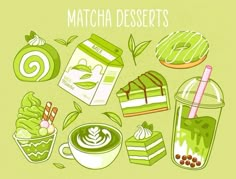 green desserts and drinks with the words matcha desserts above them on a light green background