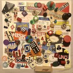 a collage of different types of buttons and magnets on a piece of paper