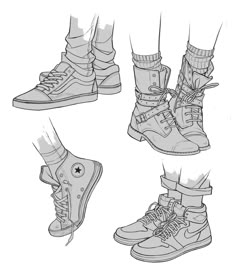 four pairs of shoes are shown in black and white, each with different laces