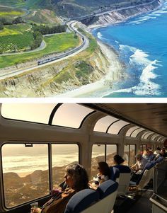 two pictures side by side with people sitting on the train and looking out at the ocean