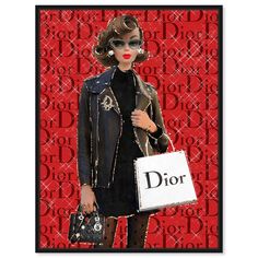 a woman holding a dior bag in front of a red background