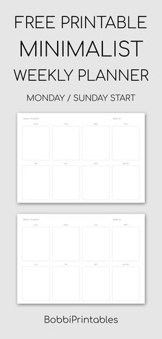 the free printable minimalist weekly planner is shown in black and white with text