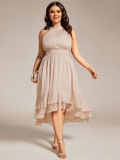 Plus Size Glittery Sleeveless Halter Neck Midi Wedding Guest Dress #color_Champagne Dresses For Wedding Guests Plus Size, Midi Wedding Guest Dress, Dress With Pleats, Elegant Midi Dresses, Guest Attire, Ever Pretty, Wedding Attire Guest, Affordable Dresses, Tea Length Dresses