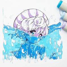 a drawing of a girl in the water