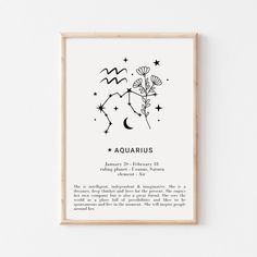 the zodiac sign for aquarius is shown in black and white with stars on it