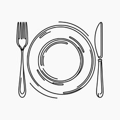 a black and white drawing of a plate with knife, fork and spoon on it