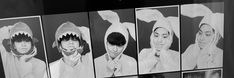 several images of people wearing animal costumes in front of a black and white background,