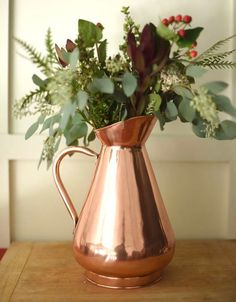 copper water pitcher, herloom vase Pitcher With Flowers, Copper Cookware Set, Tin Interior, Copper Pitcher, How To Polish Copper, Copper Vase, Copper Gifts, Water Pitcher, Water Pitchers