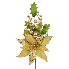 a gold christmas decoration with holly and balls