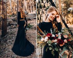 a woman in a black dress is holding a flower bouquet and posing for the camera