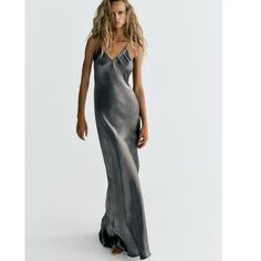 Brand New. Long Dress Made Of Metallic Effect Fabric. V Neck With Spaghetti Straps. Open Back Winter Formal Dress, Grey Silk Dress, Zara Short Dress, Floral Satin Dress, Rust Color Dress, Boxy Dress, Zara Maxi Dress, Zara Winter, Cheetah Print Dress