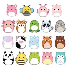 a bunch of different kinds of animal faces on a white background with the same color