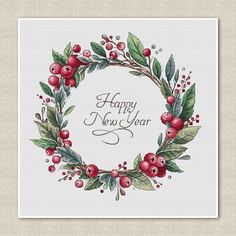 a happy new year card with holly and berries