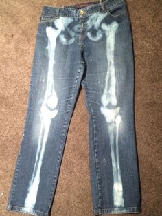 Bleach painted jeans I made for Day of the Dead/Halloween 2014 Bleach Bones Pants, Skeleton Pants Bleach, Cool Bleach Designs Jeans, Bleach Designs On Sweatpants, Jeans With Bleach Design, Cute Bleached Jeans, Dyed Pants Diy, Bleached Designs On Jeans, Bleach On Jeans Design