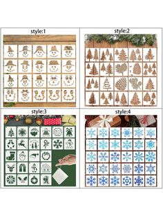 four different types of christmas tree stencils are shown in three different styles and sizes