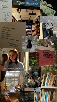 a collage of photos with books, papers and other things in them that include an english department