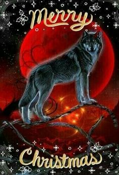 a wolf standing on top of a tree branch in front of a red moon and stars