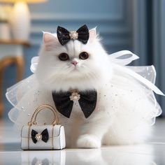 a white cat wearing a tulle and bow tie next to a handbag on a table