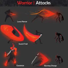 an image of various types of fire and flames in different poses, with the words warrior attacks